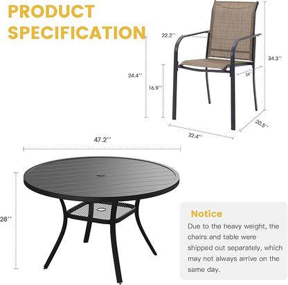 VICLLAX Patio Dining Set for 6, All Weather Metal Outdoor Furniture Set Includes 47" Round Patio Table and 6 Patio Stacking Chairs, Black Tabletop and Brown Fabric