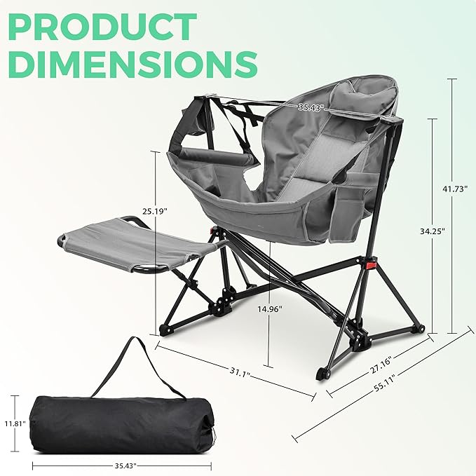 Foldable Rocking Chair with Footrest in Grey, Holds Up to 400 lb