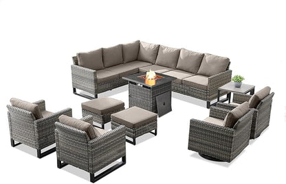 Patio Sectional Furniture Set with Fire Pit Table: 10 Pieces Wicker Patio Conversation Set with L Shaped Sofa, Outdoor Swivel Glider Rocker, Rattan Club Chairs, Ottomans, Removable Cushions Grey