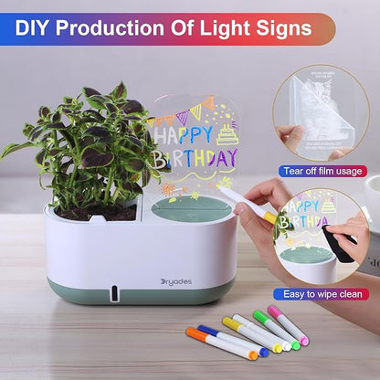 Self-Watering Plant Pot with LED Note Board & 7 Colors Pen Acrylic Message Board with Light Acrylic Dry Erase Board, Led Cat Board Night Light with Planting Pot for Christmas(No Plant&Seed)