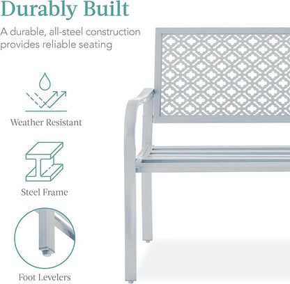 Best Choice Products Outdoor Bench 2-Person Metal Steel Benches Furniture for Garden, Patio, Porch, Entryway w/Geometric Backrest, 790lb Capacity - Light Gray