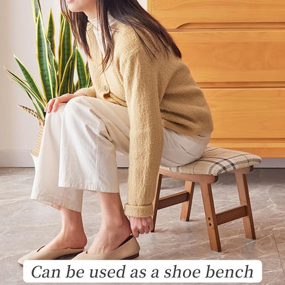 Foot Stool,Ottoman,Bamboo Small Sofa Foot Rest Under Desk,Extra Seating for Living Room, Bedroom and Kitchen (Brown Stool Legs - Stripes Surface)
