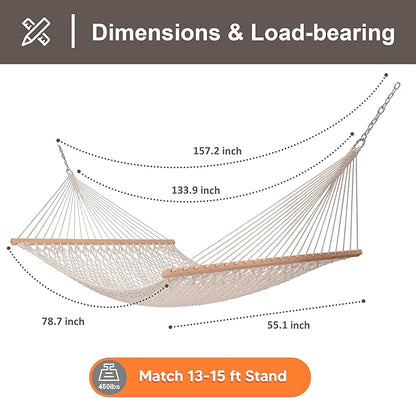 SUNCREAT Hammocks Traditional Rope Double Hammock with Hardwood Spreader Bar and Carrying Bag, 450 lbs Capacity, Natural