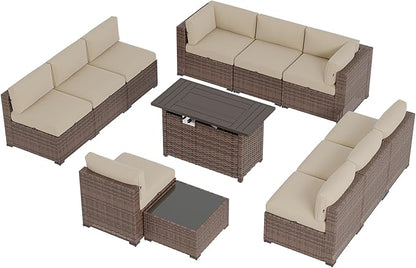 Aoxun Patio Furniture Sets, 12-Piece Outdoor Patio Furniture with 44'' Propane Gas Firepit Table, Wicker Outdoor Conversation Set Sectional Sofa for Backyard, Poolside, Garden