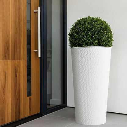Worth 2 Pack 28" Tall Narrow Metal Planter with Inside Pot for Indoors or Outdoors, Deck, Patio or Front Porch, Hand-Hammered Texture, White