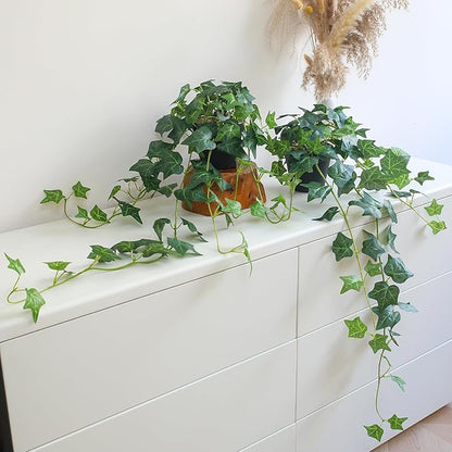 Fake English Ivy Plants in Pots Set of 2 – Realistic Artificial Ivy Greenery for Home Decor, Tabletop, Office, Shelf, Balcony or Bathroom – Lifelike Faux Hanging Vines, No Maintenance Required