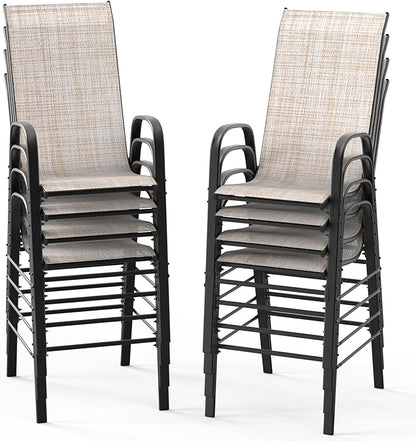 VINGLI Outdoor Bar Chairs Set of 8 – Stackable Outdoor Bar Stools with Sturdy Sling High Back and Armrests for Lawn, Courtyard, Garden, Bar, Yellow