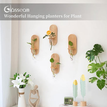 Glasseam Hanging Plant Propagation Stations: Boho Glass Wall Propagation vases Set of 4 - Wood Plant Holder Decorative Planters Terrarium Test Tube for Home Office Indoor Decor