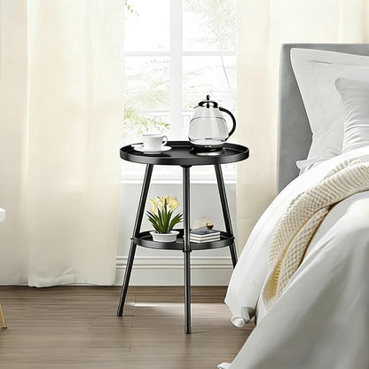 Side Table 2-Tier Small Round End Table Metal Black Accent Table for Small Spaces Indoor Outdoor Living Room Bedroom Balcony Office.