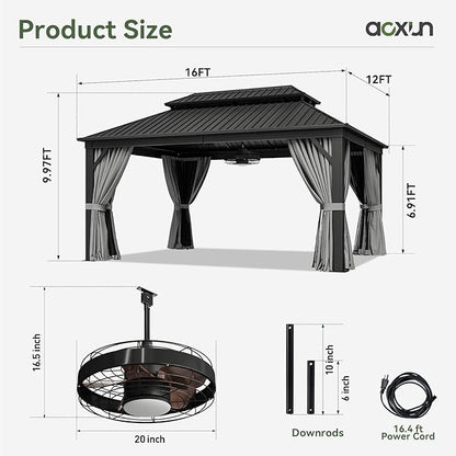 Aoxun 12'x16' Hardtop Gazebo, Aluminum Frame Canopy with Double Galvanized Steel Roof, Outdoor Metal Pavilion with Netting Curtains and 20 inch Ceiling Fans with Lights for Backyard, Patio and Deck