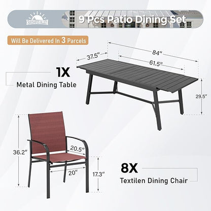 9 Piece Patio Dining Set for 8, Rectangular Extendable Dining Table, 8 Metal Red Chairs, Outdoor Table and Chairs Set for Lawn Backyard and Deck