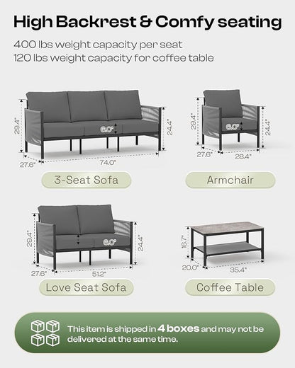 Aluminum Outdoor Patio Furniture Set with Dual-Layer Coffee Table, 5 Piece Modern Patio Conversation Sets with PE Rope, Outdoor Sectional Sofa with Thick Cushions for Balcony, Deck, Charcoal