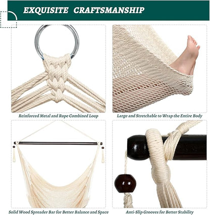 Bathonly Large Hammock Chair with Spreader Bar, Caribbean Hammock Swing Chair, XL Hammock Chair Outdoor Indoor, 330 LBS Weight Capacity, Beige