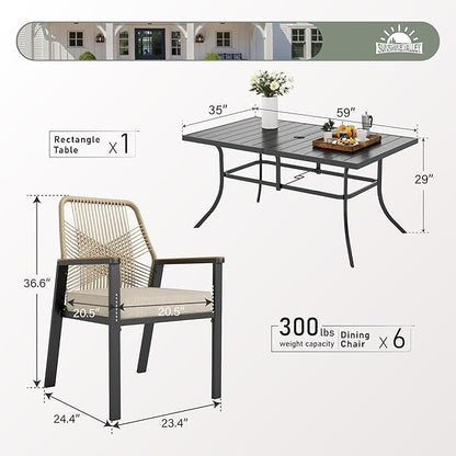 7 Pieces Patio Dining Set, 6 x Woven Rattan Chairs with Waterproof Cushion, 59" Rectangular Metal Dining Table with Umbrella Hole, Outdoor Table and Chairs Set for Backyard Lawn and Deck, Beige
