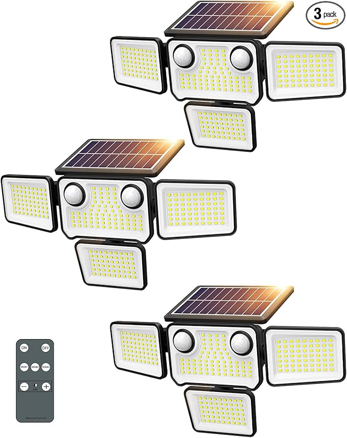 4500LM Solar Lights Outdoor Waterproof, 254 LED Solar Flood Lights Outdoor with 2 Motion Sensor, 4 Heads Security Light with Remote Control for Yard Outside House Garage 3 Pack