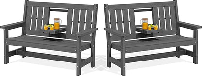 SERWALL Outdoor Bench with Cup Holder, 58" HDPE Garden Park Bench Suitable for 3 Person, All Weather Patio Benches with High Backrest and Wide Armrests for Garden, Park, Yard, Front Porch, Grey