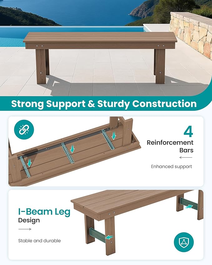 SERWALL 2-Person Outdoor Bench Backless, HDPE Outdoor Benches Weatherproof, 700 Lbs Weight Capacity, Poly Lumber Patio Furniture for Garden, Porch and Park, Brown