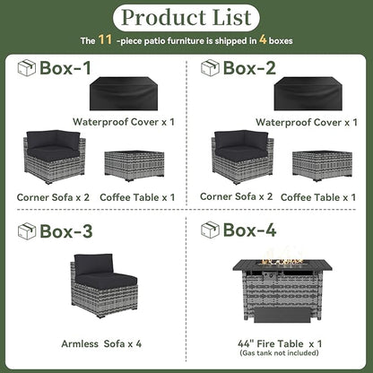 Aoxun 11 Piece Patio Furniture Set with 44” Fire Pit Table Wicker Rattan Outdoor Sectional Sofa Set with Coffee Table and Thickened Cushions, Grey/Black (Waterproof Cover Included)
