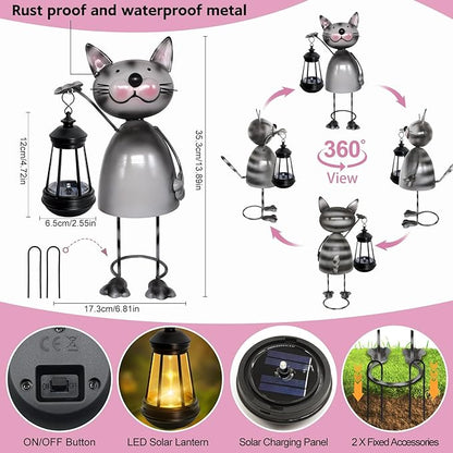 Garden Decor Cat Solar Statues,Unique Garden Statues Cat with Solar Lantern Waterproof, Birthday Gifts for Women Mom Grandma, Front Patio Balcony Yard Art Lawn Ornaments Porch Outdoor Decoration