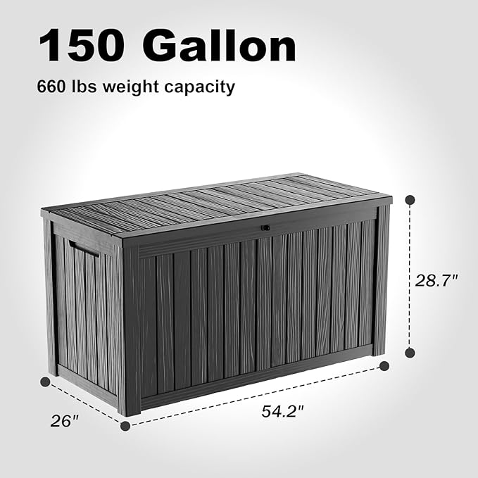 Deck Box, 150 Gallon Black Resin Outdoor Storage with Handles