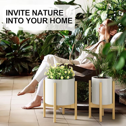 MUDEELA Plant Stand for Indoor Plants: Adjustable Width Fits 8-12 Inch Pots - Mid-century Modern Bamboo Plant Stand - 14.5 Inch Single Tier Small Floor Plant Holder, Natural, 2 Pack (Without Pot)