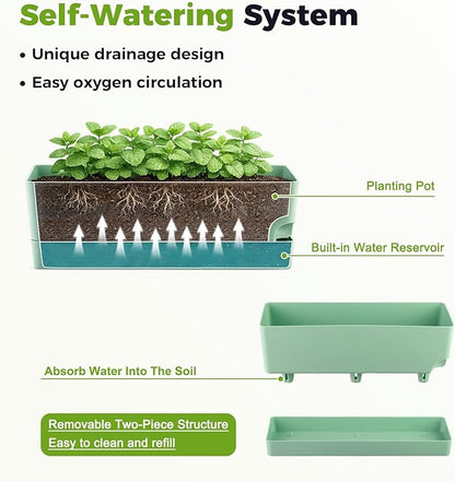 2 Pack Self Watering Pots for Indoor Plants 17 Inches Window Boxes Planters Rectangular Flower Pots Rectangle Herb Pots Large Plant Pots with Drainage Holes and Saucers Windowsill Planter, Green