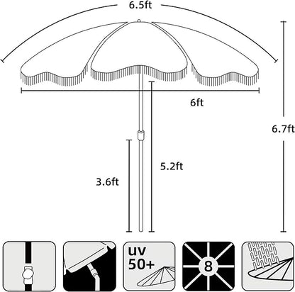 AMMSUN Boho Fringe Umbrella Outdoor Patio, 6.5ft UPF50+ Picnic Umbrella with Tassels with Steel Pole and Push Button Tilt, Noble Black