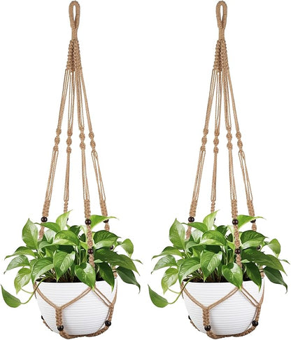 Mkono 43 Inch Macrame Plant Hanger Large for up to 12 Inch Pot Extra Long Hanging Plant Holder No Tassels Hanging Planter Basket with Wood Beads for Indoor Outdoor Home Decor, Brown, Set of 2