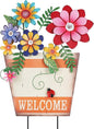 hogardeck Garden Decor for Outside, Metal Flower Pot Decorative Garden Stakes with Flowers for Spring Decor, Yard Art Welcome Sign for Outdoor Garden Lawn Backyard Porch Patio Decorations