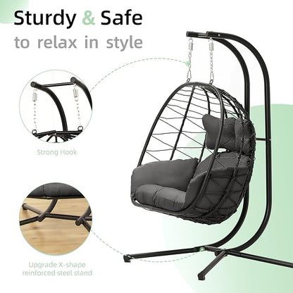 Double Egg Chair with Stand Hammock Swing Chair Foldable Hanging Loveseat, UV Resistant Removable Cushions, 700LBS Capacity for Bedroom, Balcony, Garden(BK-GR)