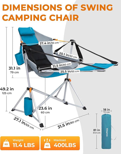 KingCamp Hammock Chair with Footrest – Heavy Duty Swinging Rocking Camping Chairs for Adults up to 400lbs, Folding Portable Oversized Rocker with Cup Holder & Pillow for Outdoor Beach Lawn RV Sports