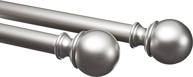 Amazon Basics Adjustable Heavy Duty Curtain Rod for Windows, Round Finials, 1-Inch Rod, 72" to 144", Nickel, 1-Pack