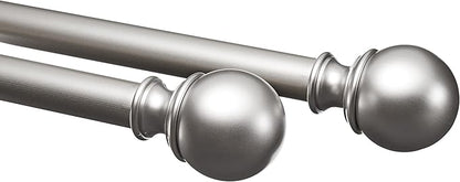 Amazon Basics Easy Installation Adjustable Curtain Rod for Windows with Round Finials, 1-Inch Rod, 72" to 144", Nickel, 2-Pack