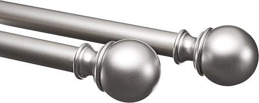 Amazon Basics Easy Installation Adjustable Curtain Rod for Windows with Round Finials, 1-Inch Rod, 72" to 144", Nickel, 2-Pack