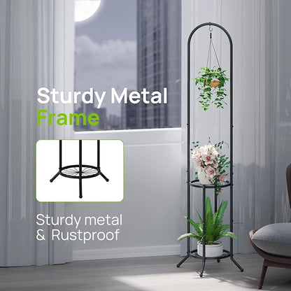 2-tier Hanging Plant Stand Plant Hanger Indoor Outdoor Corner Plant Stands for Indoor Plants, Space-Saving Iron Planter Shelves, Multiple Flower Pot Display Holder Shelf with Hanging Hook, Indoor Outdoor Heavy Duty Planter Shelving Unit (n-style,Black)