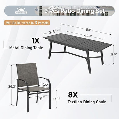9 Piece Patio Dining Set for 8, Rectangular Extendable Dining Table, 8 Metal Brown Chairs, Outdoor Table and Chairs Set for Lawn Backyard and Deck
