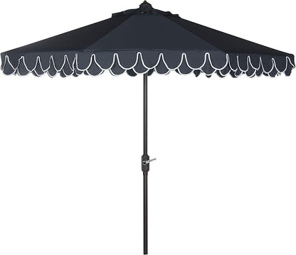 SAFAVIEH 9ft Outdoor Patio Umbrella, Round, Valance, Navy & White Trim, Auto Crank Tilt, UV Resistant for Deck, Backyard, Poolside (PAT8006A)