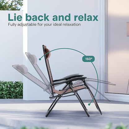 SereneLife Outdoor Zero Gravity Lounge Chair Set with Table – 2 Adjustable Recliners with Cup Holders, Headrest, Steel Frame & Foldable Design for Patio, Pool, Garden, or Camping