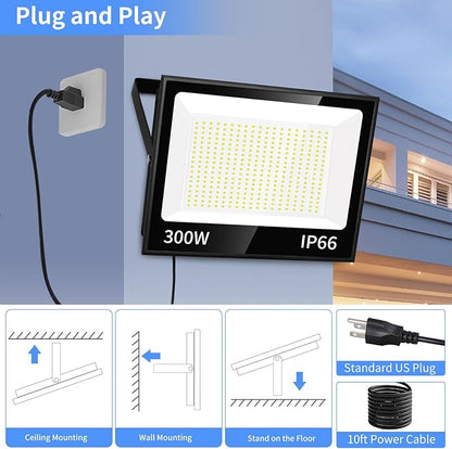 300W LED Flood Light Outdoor with Plug, 36000LM Ultra Brighter Security Light, IP66 Waterproof Exterior Plug in Floodlight, 5000K Daylight White for Lawn Yard Garden Stadium(2 Pack)