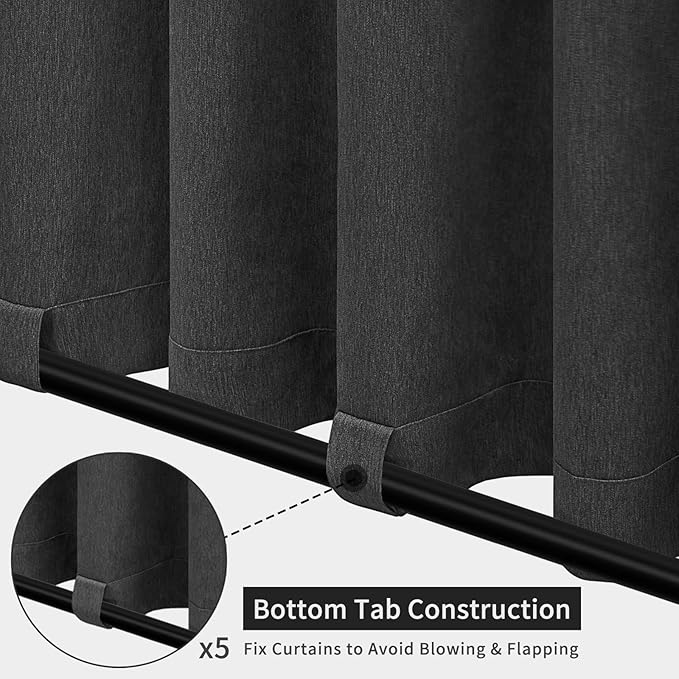 Easy-Going Linen Look Outdoor Curtains Waterproof Windproof Porch Curtains, Soft Thicken Outdoor Privacy Curtains for Patio, Gazebo, Grommet Top and Tab Bottom Drape, 1 Panel, 110x120 inch, Black