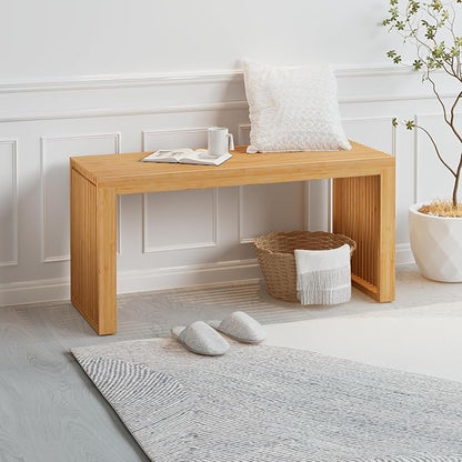 Bamboo Dining Bench, 35 inch Farmhouse Decor Indoor Kitchen Table Bench, Entryway Shoe Rack Bench Solid Bamboo Benches for Living Room, Hallway, Bedroom, Bathroom (Nature, Long-Outdoor)