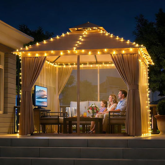 Aoxun 10x10 Outdoor Gazebo with 50FT LED Hanging Lights Metal Frame Canopy with Double Roofs Heavy Duty Party Tent Shelter with Mosquito Netting and Privacy Screen for Backyard, Lawn, Garden(Khaki)