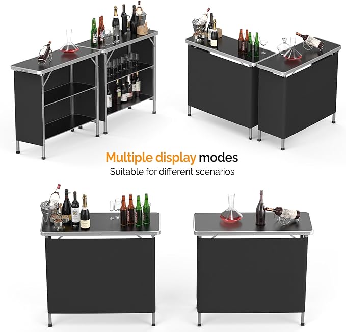 VINGLI 39" Portable Bar Table, 3-Tier Shelves, Mobile Bar Table for Events, Party, Camping, Picnic, Tradeshow, Indoor with Black Skirt(1 Pack) (2, 39")