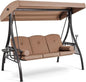 HOMREST 3 Seat Outdoor Porch Swing with 1.5" Deepened Cup Holder, Adjustable Canopy, Patio Swing Bed with Stand, Patio Glider Swing with Thicken Cushions, Pillow for Yard, Garden(Brown)