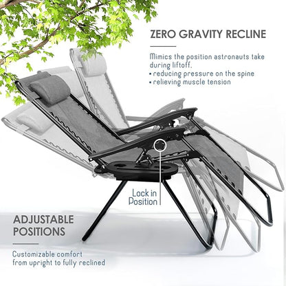 Nestl Zero Gravity Chairs Set of 6, Patio Lounge Chair Outdoor with Pillows & Cup Holder Trays, Adjustable Steel Mesh Reclining Camping Chair, Folding Patio Lawn Chair for Deck, Beach, Yard - Grey
