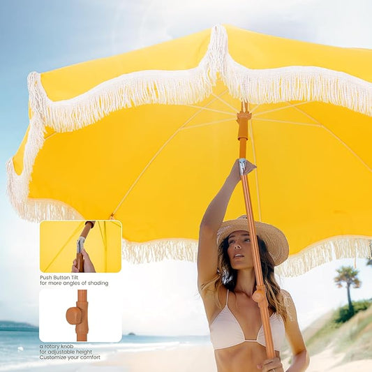 Beach Umbrella with Fringe & Sand Anchor, 7ft