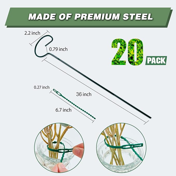 Joyhalo 20 Pack Plant Support Stakes 36 Inches, Plant Stakes, Flower Stakes with 24 Twist Ties, Garden Sticks for Plants Hibiscus, Sunflower, Red Hot Poker, Hydrangea, Tomato, Sapling Etc