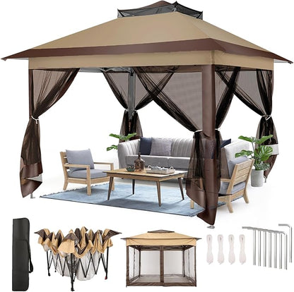COBIZI 10x10 Pop Up Gazebos on Clearance 11x11 Canopy Tent Easy Up Outdoor Gazebo Waterproof Portable Gazebo with Mosquito Nettings, Double Vented Roof and Carry Bag for Patio Garden Lawn(Coffee)