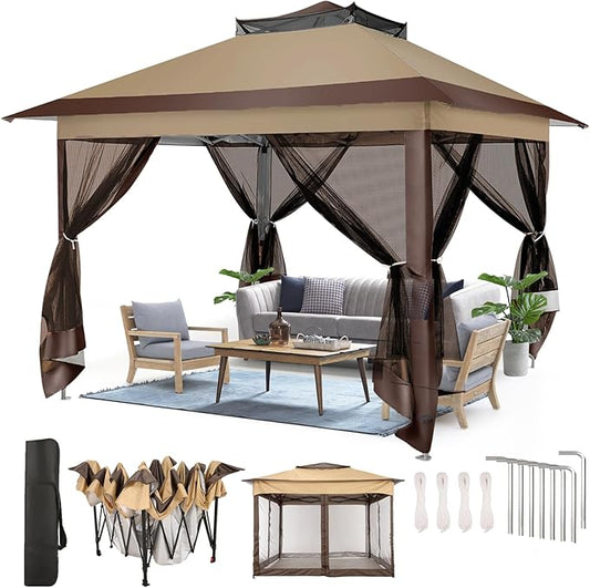 COBIZI 10x10 Pop Up Gazebos on Clearance 11x11 Canopy Tent Easy Up Outdoor Gazebo Waterproof Portable Gazebo with Mosquito Nettings, Double Vented Roof and Carry Bag for Patio Garden Lawn(Coffee)
