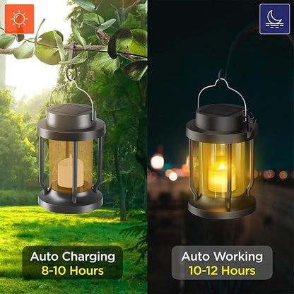 Solar Lantern Outdoor & Indoor Use – Hanging Solar Lights with Realistic Flickering Flameless Candle, Weatherproof for Gardens, Patios, Trees, and Lawns (Black + Amber, 2 Pack)